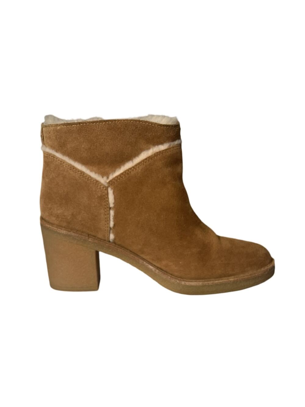 UGG Kasen Ankle Boots Womens 6.5 Tan Suede Leather Shearling Lined 3" Block Heel